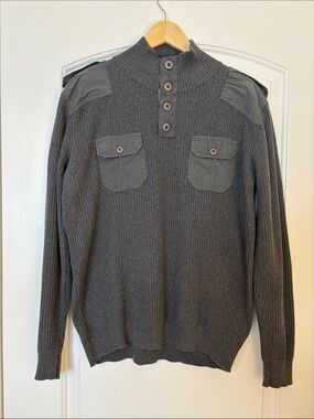 American Rag Cie Men's Charcoal Ribbed 1/4 Button Pullover Epaulettes L EUC